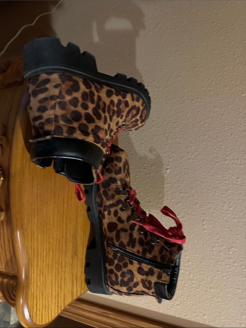 Leopard Print Lace-Up Ankle Boots with Red Laces